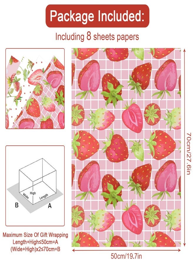 Geluode Strawberry Wrapping Paper,Pink Red Fruit Wrapping Paper 4 Designs 8 Sheet,Pretty Cute Sweet Gift Wrap Paper 20 x 27 Inch For Birthday Baby Shower Wedding Spring Summer Party Boys Girls Kids DIY Crafts - Image 2